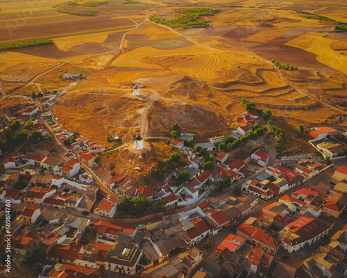 Aerial view of the village of El Romeral at sunset, Castilla la Mancha, Spain. photo