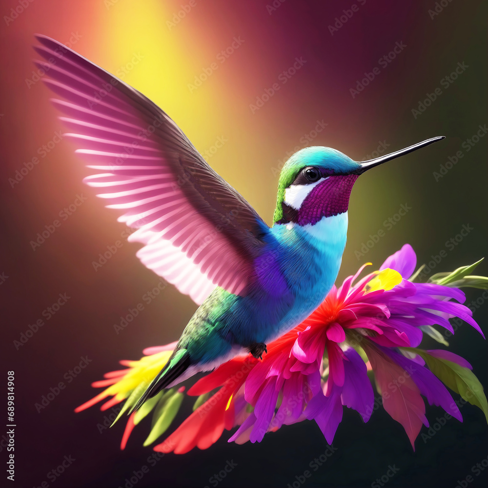 Obraz premium A hummingbird feeding on honey from a flower Vibrant color background, AI Generated.