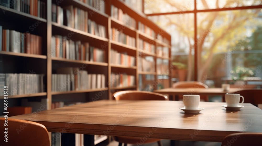 Table with coffee and books with modern looking library background, sun light  - obrazy, fototapety, plakaty 