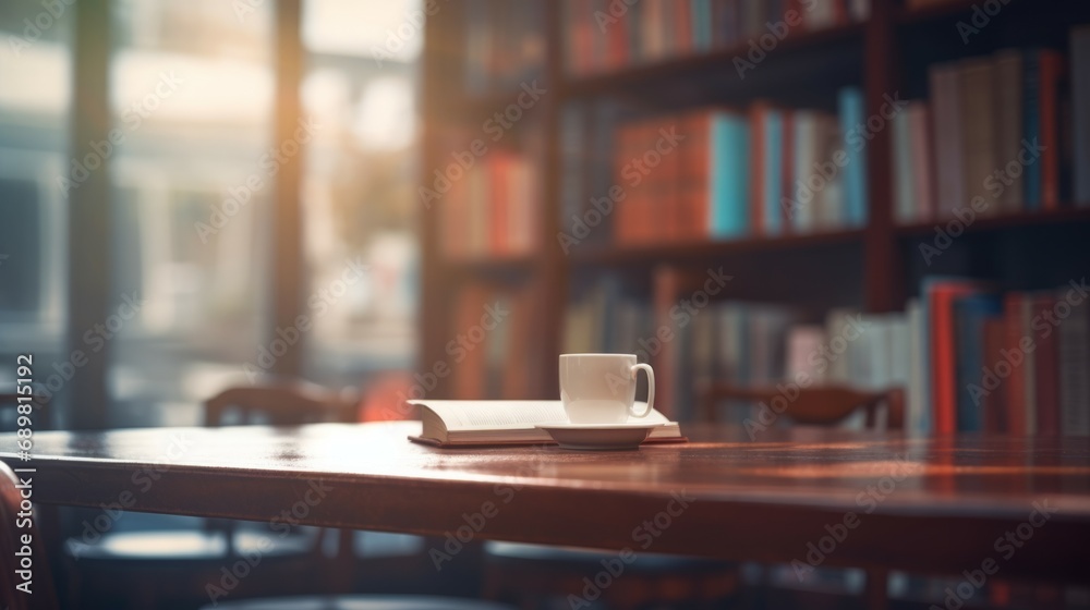Table with coffee and books with modern looking library background, sun light 