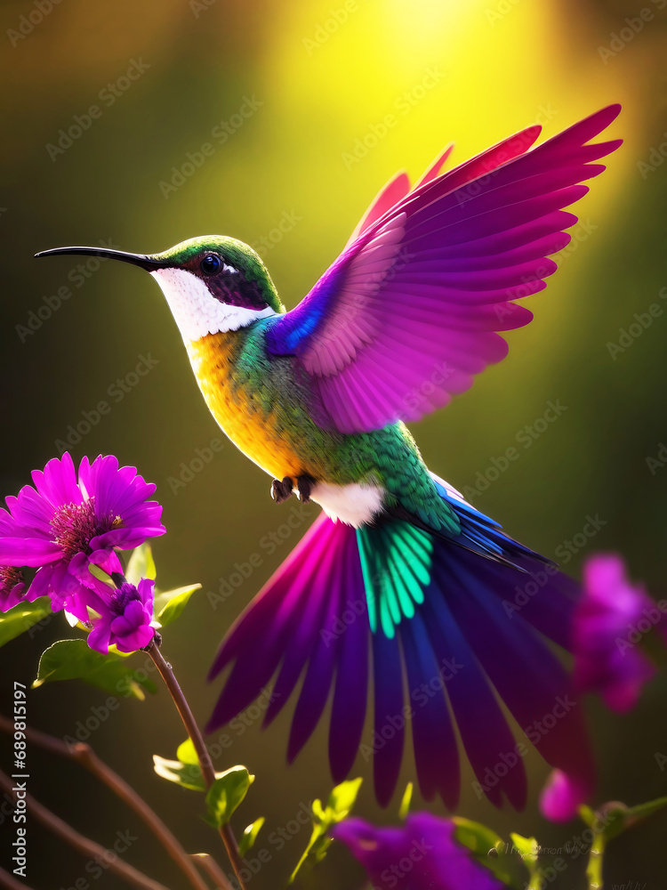 Fototapeta premium A hummingbird feeding on honey from a flower Vibrant color background, AI Generated.