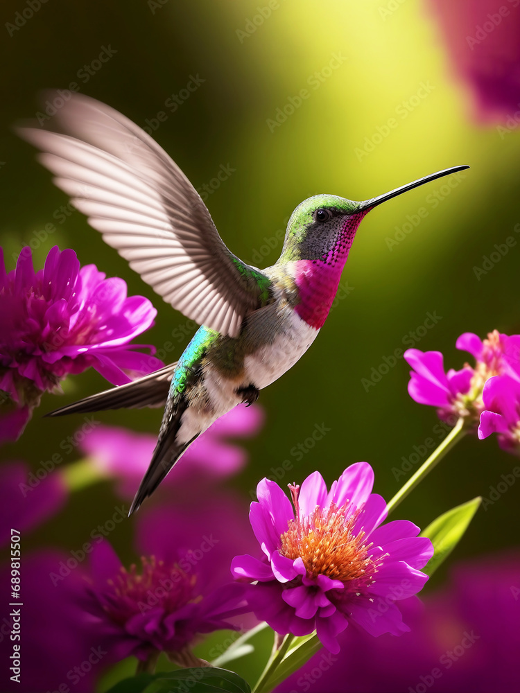 Fototapeta premium A hummingbird feeding on honey from a flower Vibrant color background, AI Generated.