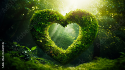 green heart made of leaves and grass isolated in a forest with lush vegetation, illuminated by the backlith sun. AI GENERATED photo