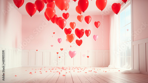 a room with many red heart-shaped balloons floating in the air, room on the white background, concept of Valentine's Day, love, wedding.