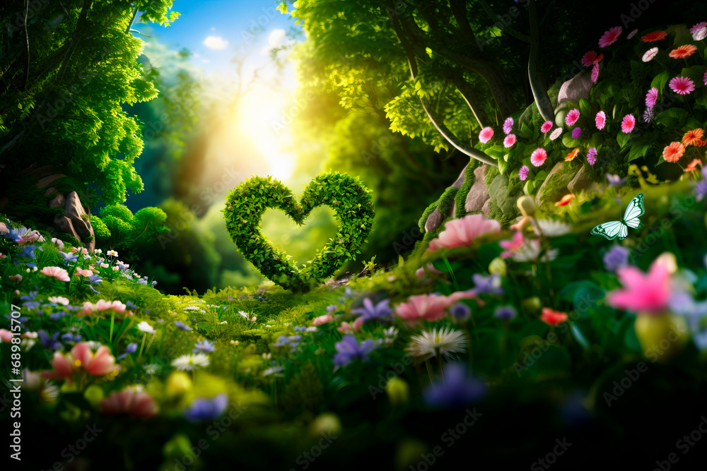 a green heart made of leaves and grass isolated in a forest landscape with lush vegetation, with green meadows, colorful flowers and green-leaved plants illuminated by the backlit sun. AI GENERATED a green heart made of leaves and grass isolated in a forest landscape with lush vegetation, with green meadows, colorful flowers and green-leaved plants illuminated by the backlit sun. AI GENERATED