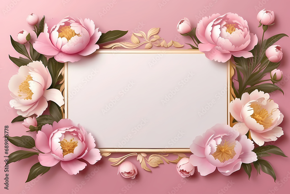 Greeting card template with paper peonies. Design for Mother's Day, birthday or March 8th Greeting card template with paper peonies. Design for Mother's Day, birthday or March 8th
