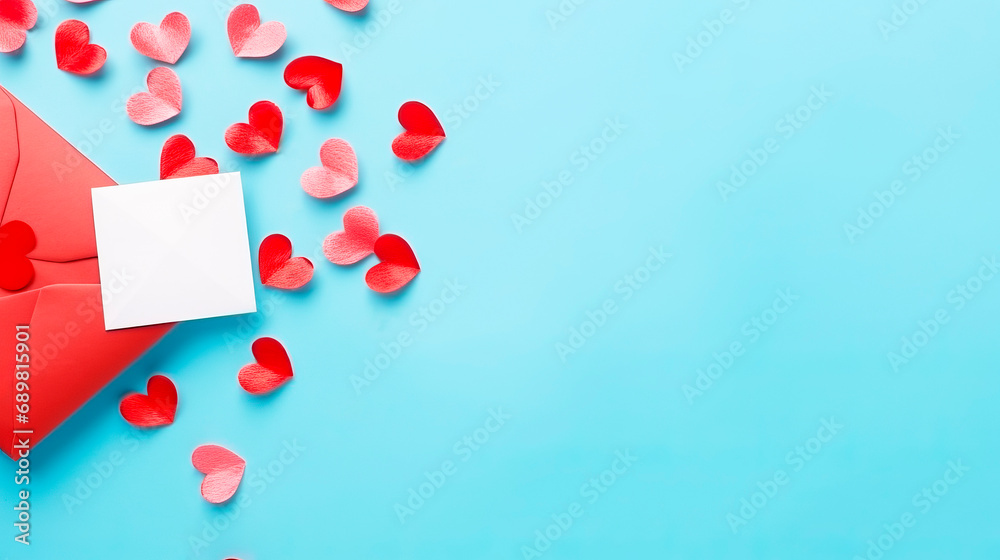 Valentine day greeting concept. Envelope and red hearts on blue background top view. Flat lay. Valentine day greeting concept. Envelope and red hearts on blue background top view. Flat lay.