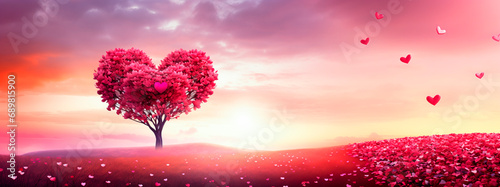 banner postcard concept of valentine's day, wedding, love. landscape with heart-shaped tree. red tones at sunset. illustration.