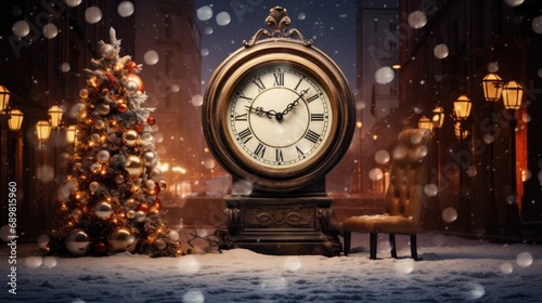 enchanting image of an antique clock in a bustling city square adorned with Christmas decorations.
