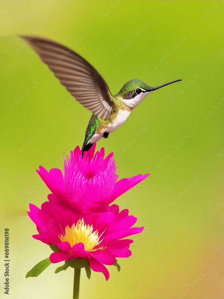 A hummingbird feeding on honey from a flower Vibrant color background, AI Generated.