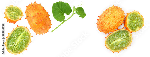 Kiwano or horned melon isolated on white background, Top view. Flat lay. photo