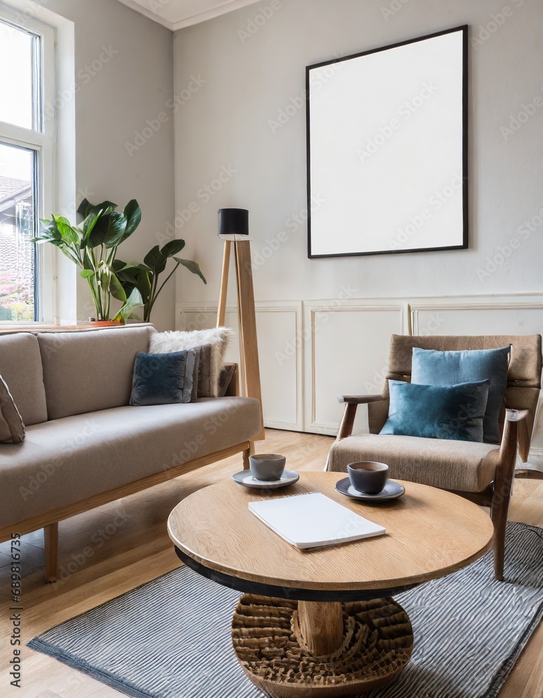A round wooden coffee table near a sofa and armchair against a window and a wall with a mockup poster frame in a Scandinavian interior design for a modern living room A round wooden coffee table near a sofa and armchair against a window and a wall with a mockup poster frame in a Scandinavian interior design for a modern living room