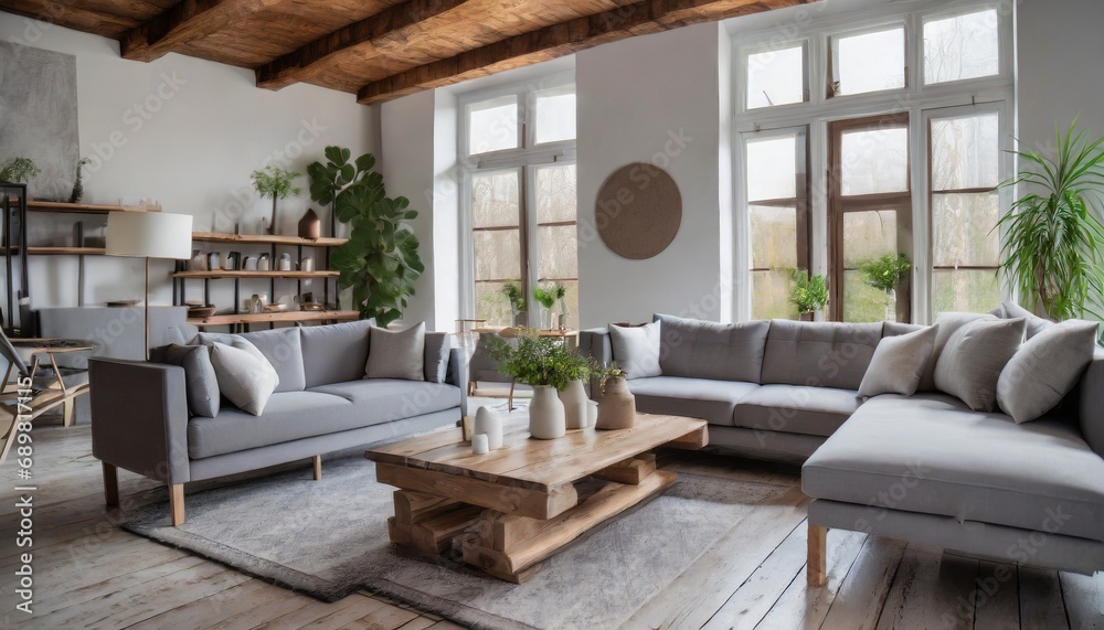 Fototapeta premium Rustic interior design of modern living room with grey sofas.