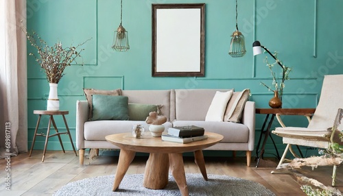 Rustic coffee table near sofa against mint color wall with frame poster. Scandinavian home interior design of modern living room in farmhouse. photo