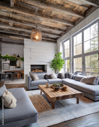 Rustic interior design of modern living room with grey sofas. © Martin