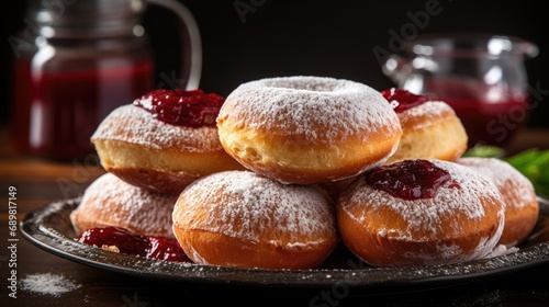 delightful image of traditional Jewish Sufganiyot, donuts with jam and sugar powder, celebrating the joyous occasion of Hanukkah.