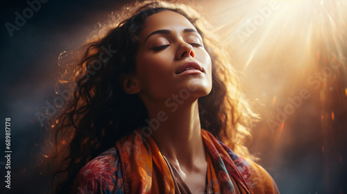A woman in a calm spiritual state. The light around her
