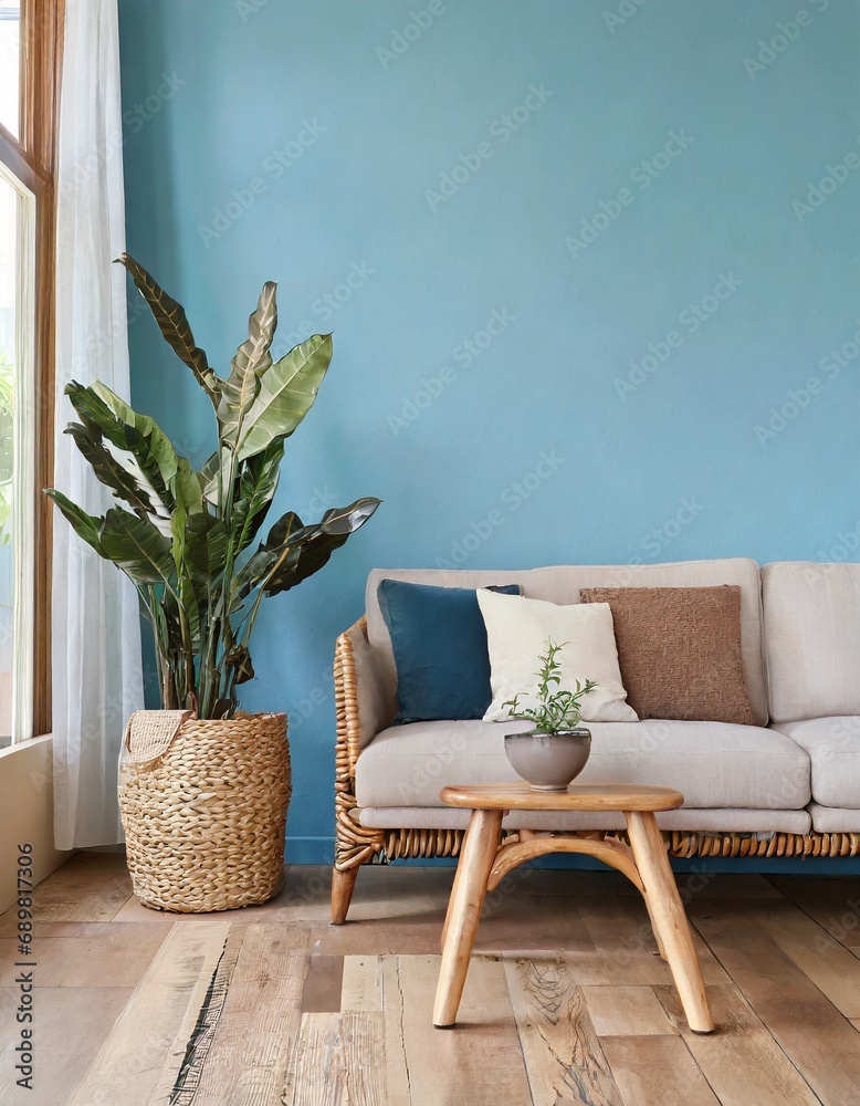Rustic sofa and wood side table next to wicker basket with houseplant against blue wall with copy space. Scandinavian home interior design of modern living room in farmhouse - obrazy, fototapety, plakaty 