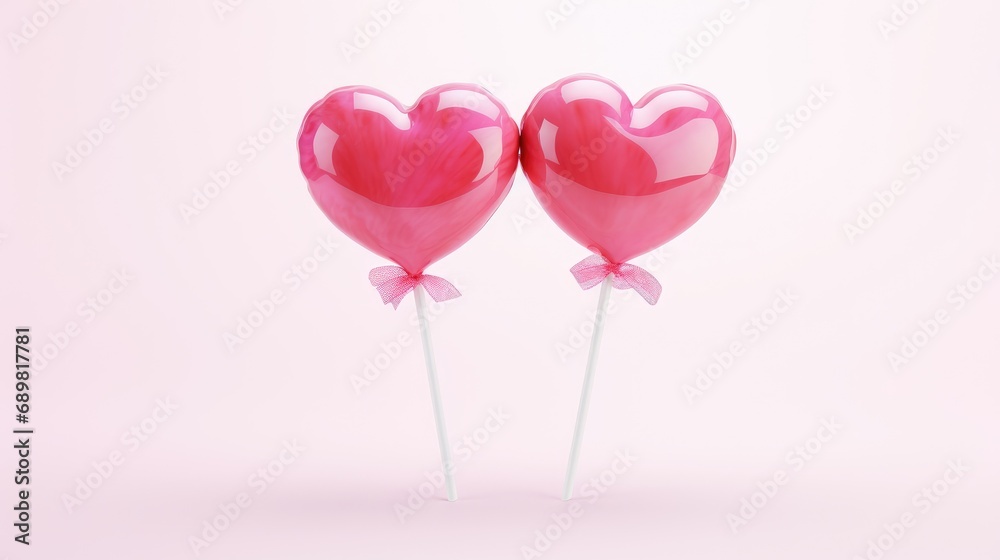 enticing image of two pink heart-shaped lollipops on a white background, making the perfect sweet gift for Valentine's Day.