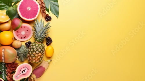 A pastel pink background with exotic fruits and tropical palm leaves. papaya, mango, pineapple, banana, carambola, dragonfruit, kwei, lemon, orange, melon, coconut lime, and pineapple are