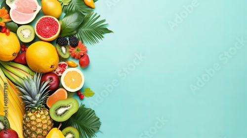 A pastel turquoise background is used for the banner, which showcases exotic fruits and tropical palm leaves including papaya, mango, pineapple, banana, carambola, dragonfruit, kiwi, lemon, photo