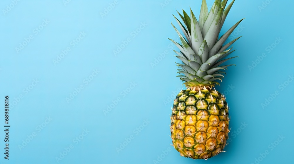 A pineapple with green leaves and a blue background with a top view with a space beneath the text.