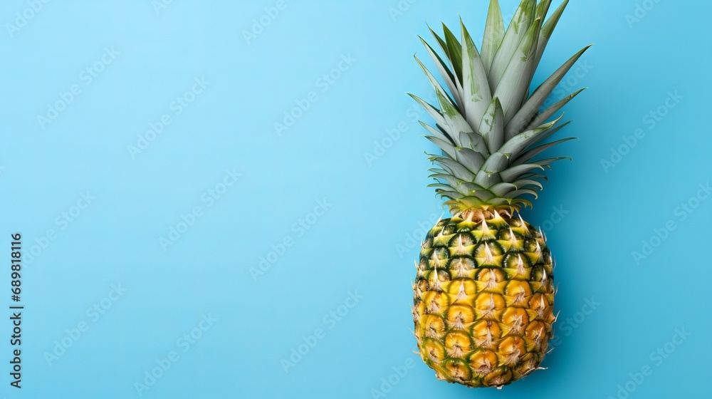 A pineapple with green leaves and a blue background with a top view with a space beneath the text. A pineapple with green leaves and a blue background with a top view with a space beneath the text.