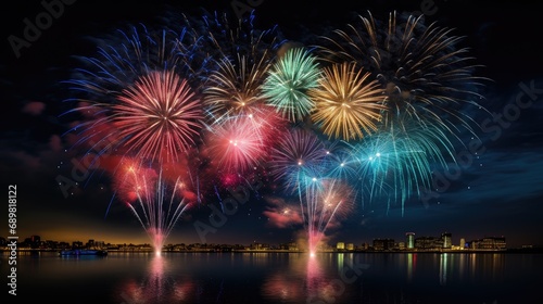 magic of celebration with a stunning image of bright multi-colored fireworks lighting up the dark sky.