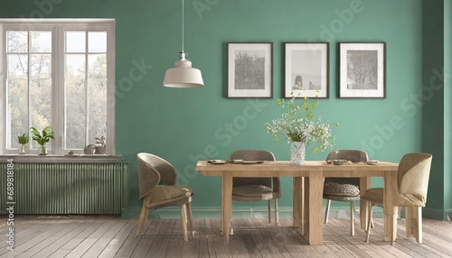 Sofa and chairs near wooden table against window. Scandinavian style interior design of modern dining room with pastel green wall with frames.