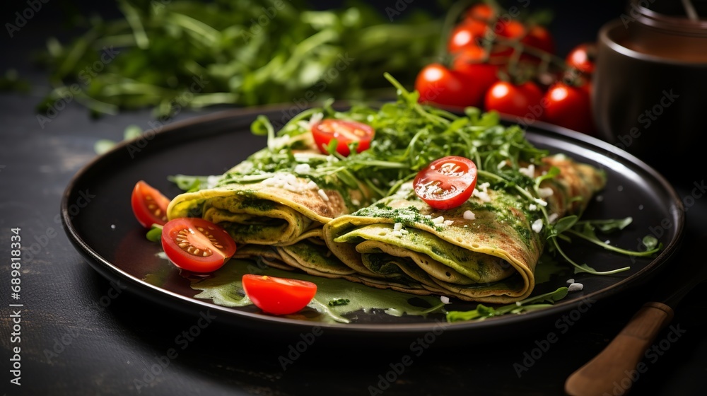 Microgreens and tomatoes are included in green spinach pancakes. Microgreens and tomatoes are included in green spinach pancakes.