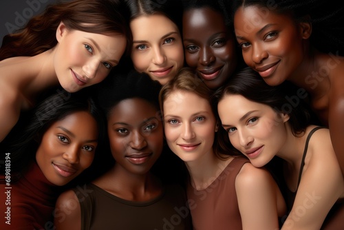 Women of different races have a big group of friends, high-angle, focus stacking, dark bronze and white, close-up.