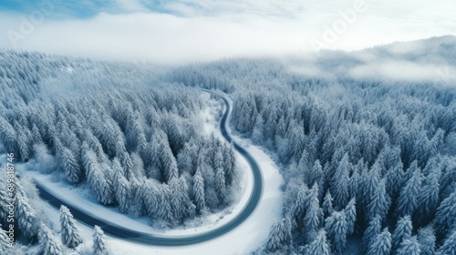 Curvy windy road in snow covered forest, top down aerial view. © Werckmeister