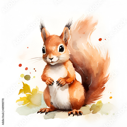 whimsical watercolor squirrel with autumn leaves around
