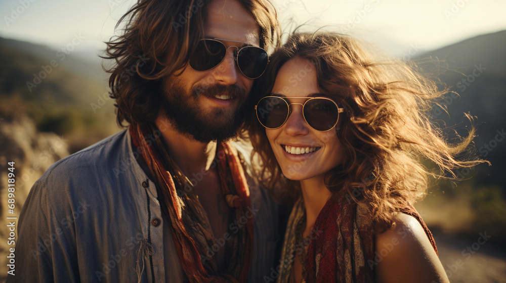 A happy hippie couple in love in the style of the 70s A happy hippie couple in love in the style of the 70s