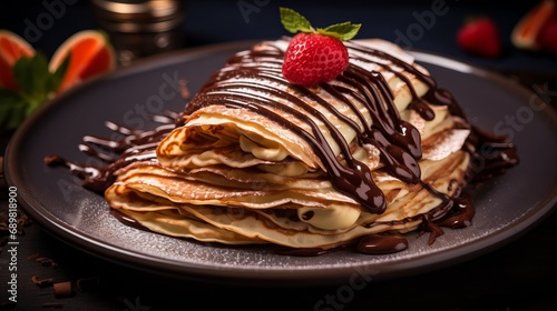 Two plates with homemade pancakes or crepes filled with almond cream and chocolate, and chocolate threads covering a high view of 45 degrees are exquisite.