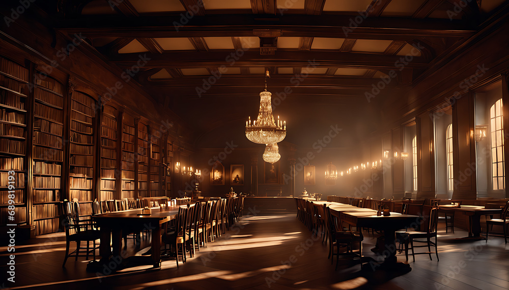 a large, dimly lit room filled with books, chairs, and tables, evoking a place for reading and studying