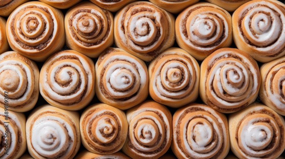 essence of holiday baking with a top view of freshly baked cinnamon buns.