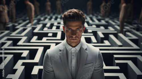 A businessman in a suit in a maze
