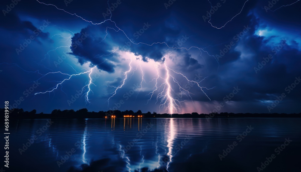 A Majestic Lightning Storm Illuminating the Night Sky over a Tranquil Body of Water