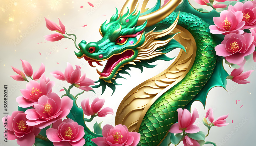 Obraz premium Chinese New Year greeting card, Chinese green wooden dragon on elegant background, Chinese New Year 2024,