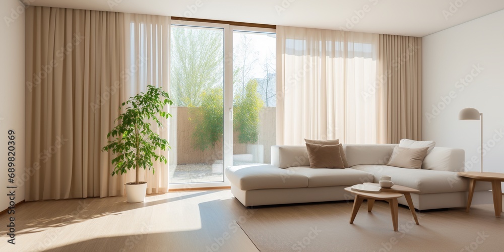 Modern living room interior with beautiful beige curtain on large bright windows, cozy cream colors interior home with large sofa and designer's armchair backgrounds. Modern living room interior with beautiful beige curtain on large bright windows, cozy cream colors interior home with large sofa and designer's armchair backgrounds.