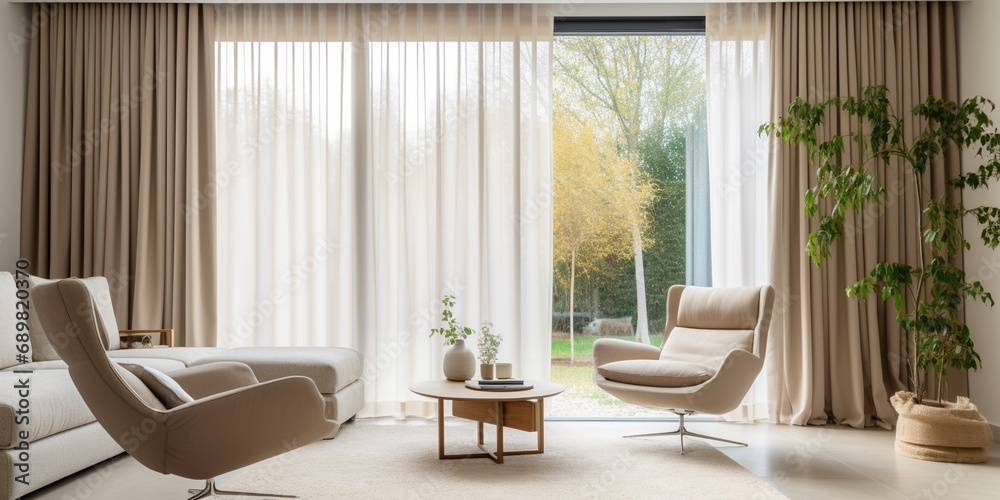 Obraz premium Modern living room interior with beautiful beige curtain on large bright windows, cozy cream colors interior home with large sofa and designer's armchair backgrounds.