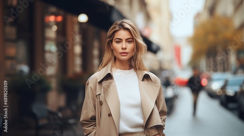Fashion blonde young female model wearing stylish beige woolen coat posing outdoor on European city street with copy space. photo