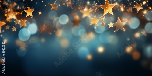golden xmas stars on blue background for merry christmas or season greetings message,bright decoration.Elegant holiday season social post digital card. Copy type space for text or logo. photo