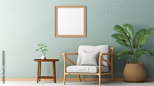 Mockup frame close up in modern home interior with rattan furniture, on blank green painted backgrounds.