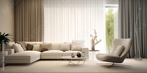 Modern living room interior with beautiful beige curtain on large bright windows, cozy cream colors interior home with large sofa and designer's armchair backgrounds.