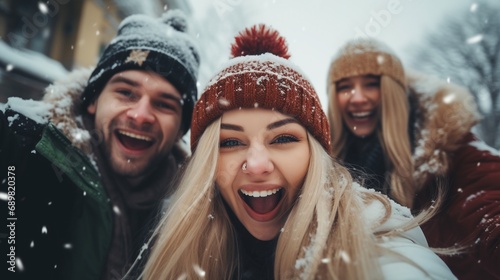 Close up image of group of happy friends enjoying outdoor party on shiny street background - Group of young people celebrating and have fun on new year eve together, Holidays and friendship.