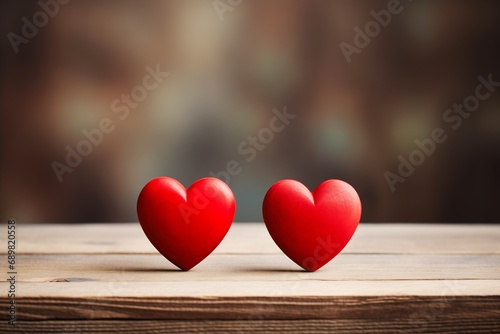 two red hearts sitting wooden table background see sticker radiant atmosphere radiate connection good looking heart dutiful return carefully crafted photo