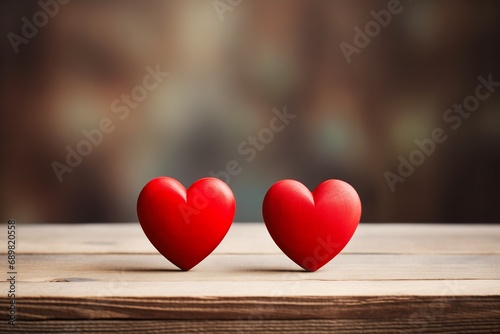 two red hearts sitting wooden table background see sticker radiant atmosphere radiate connection good looking heart dutiful return carefully crafted