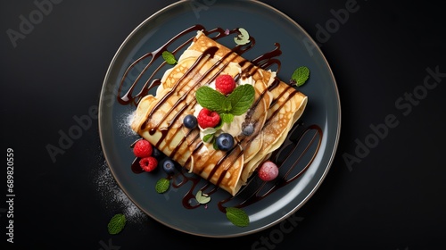 The image above is a glimpse of citrus fruits in a crepe that has been decorated with chocolate sauce on a blue plate with a notebook in mixed colors.